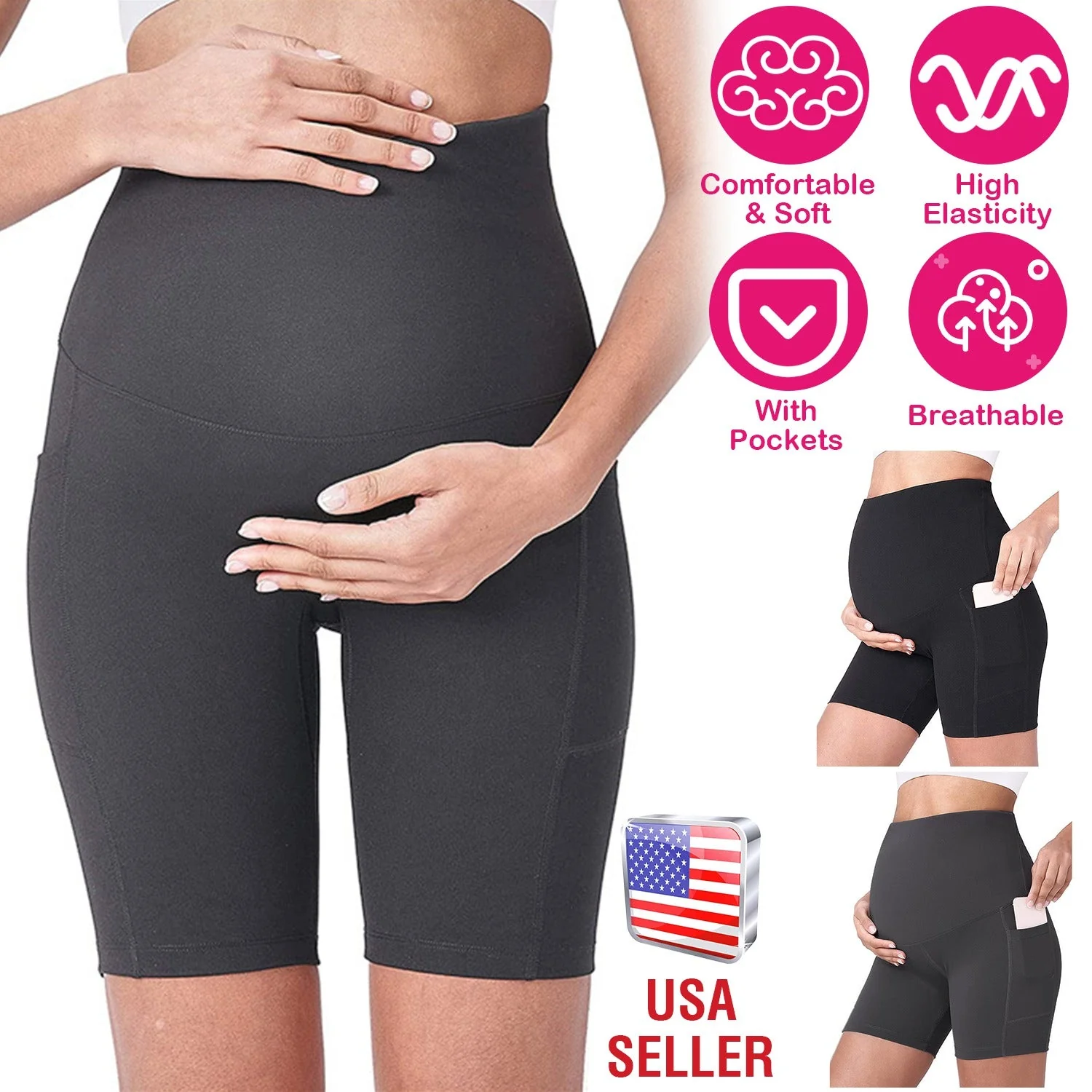 Women Maternity Shorts Seamless Pregnancy Underwear Shapewear Fitness Yoga Running Shorts High Waist Over The Belly Pants with Two Side Pockets - Image 3