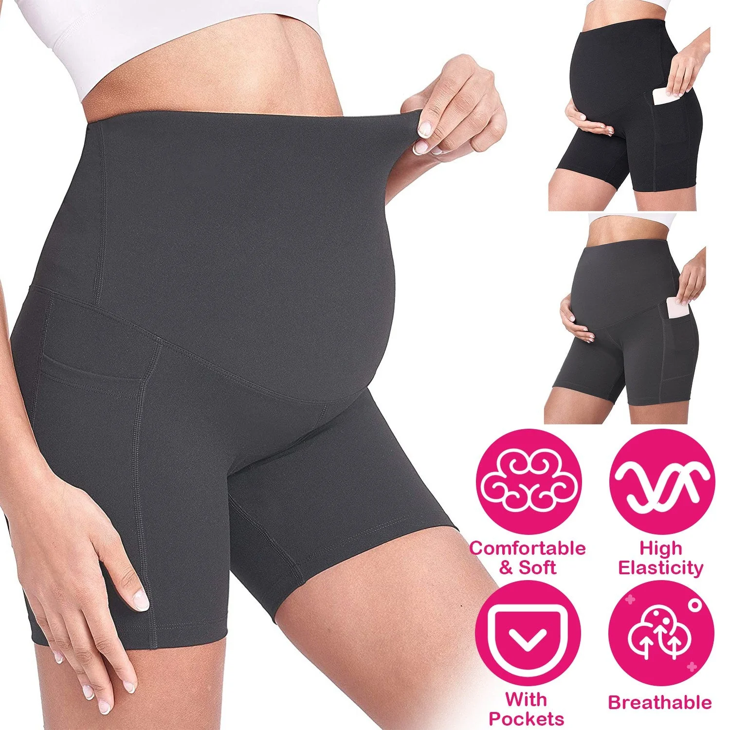 Women Maternity Shorts Seamless Pregnancy Underwear Shapewear Fitness Yoga Running Shorts High Waist Over The Belly Pants with Two Side Pockets - Image 4