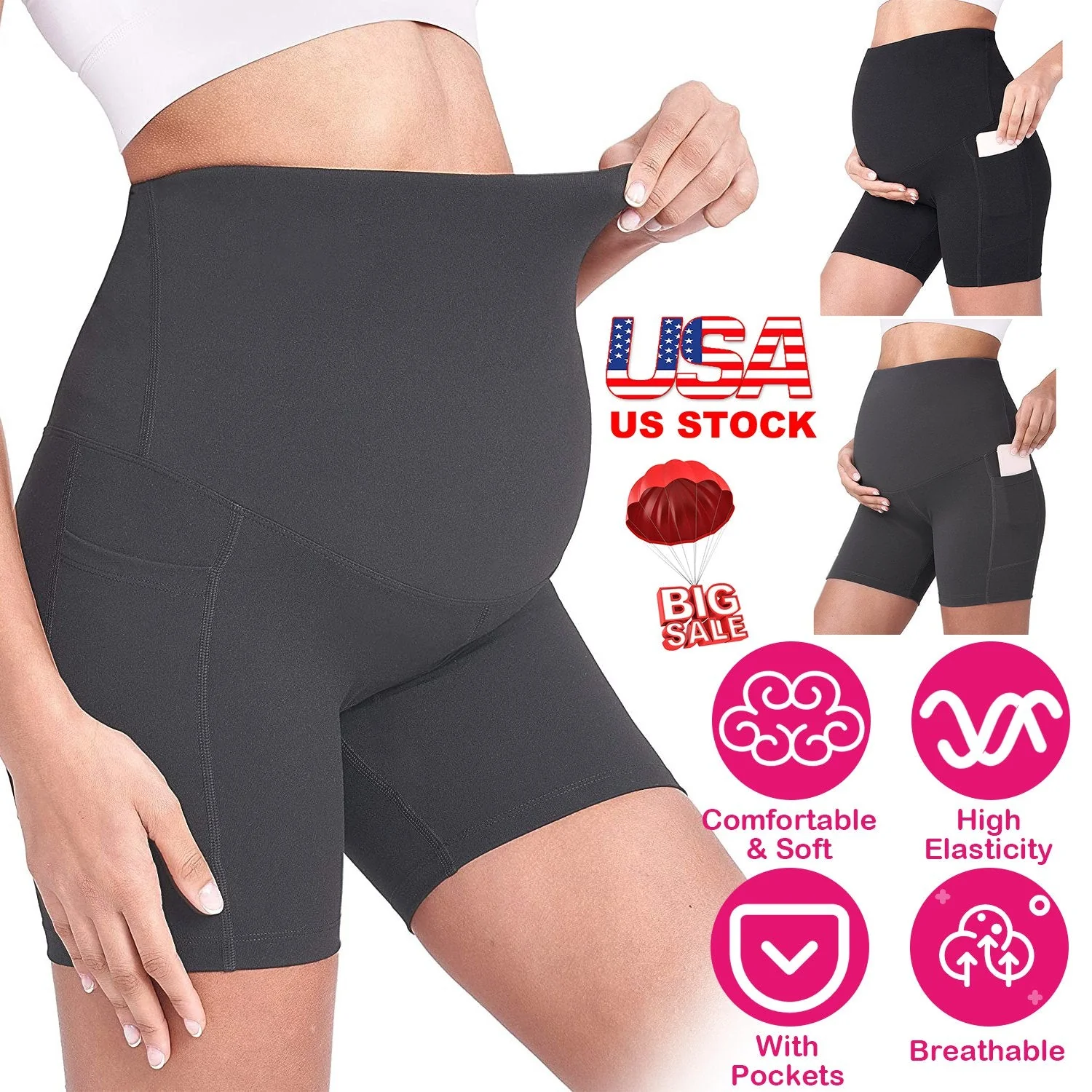Women Maternity Shorts Seamless Pregnancy Underwear Shapewear Fitness Yoga Running Shorts High Waist Over The Belly Pants with Two Side Pockets - Image 5