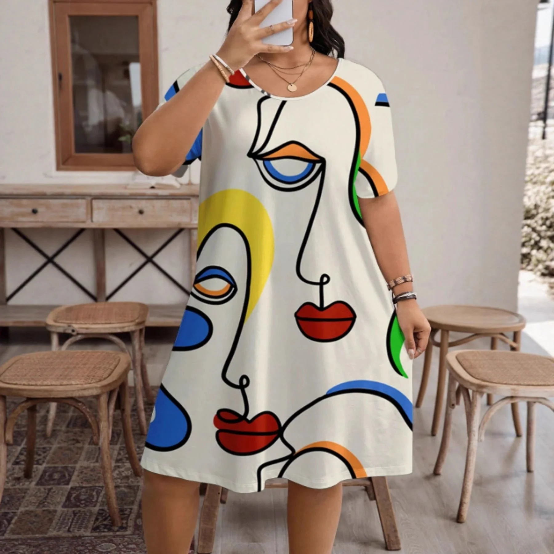 Women’s Casual Printed Round Neck Short Sleeve Dress - Image 2