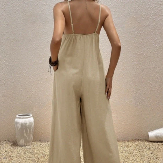Women’s Casual Suspender Jumpsuit – V-Neck Solid Color Sleeveless One-Piece - Image 3