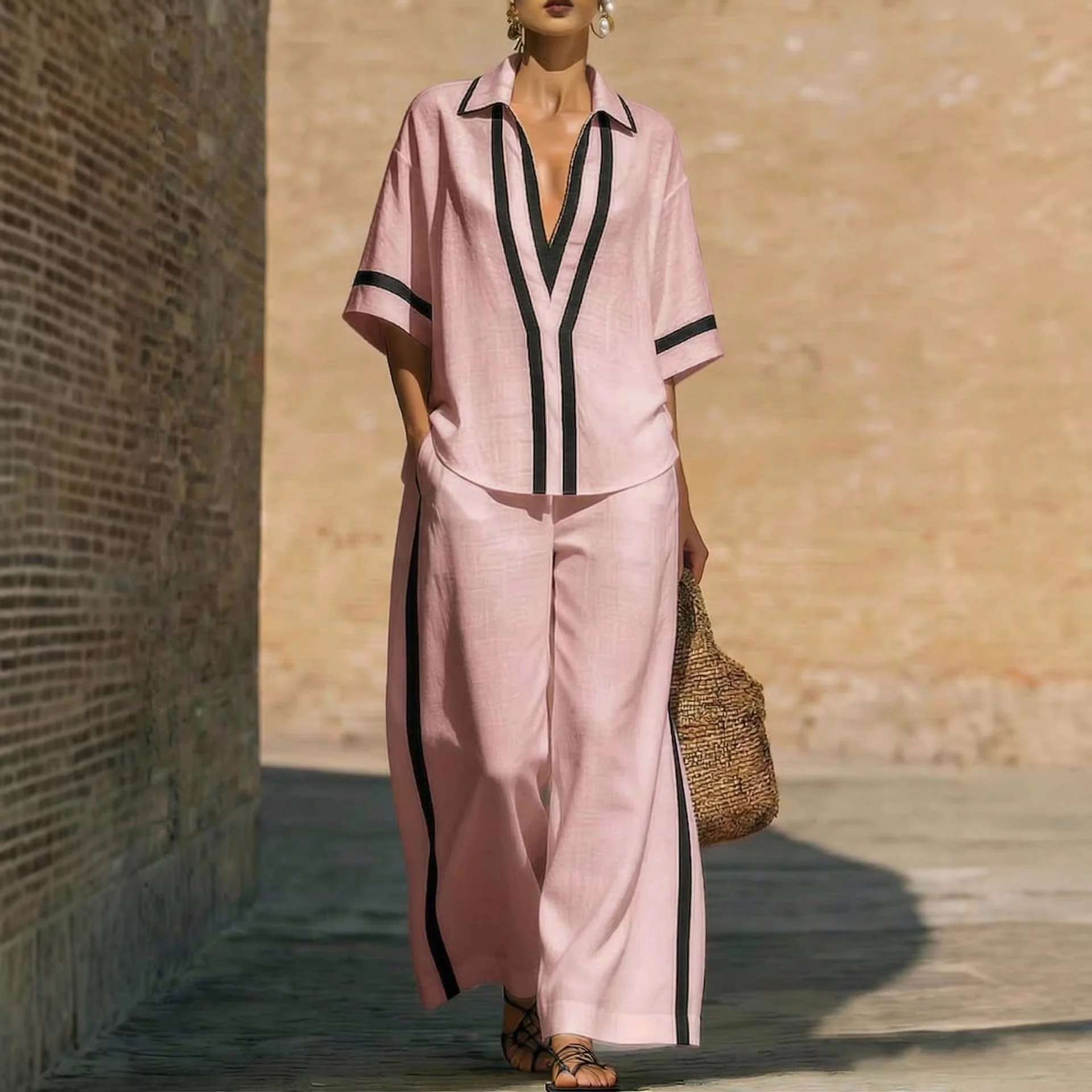Women’s Color Block Shirt and Wide-Leg Pants Set - Image 4