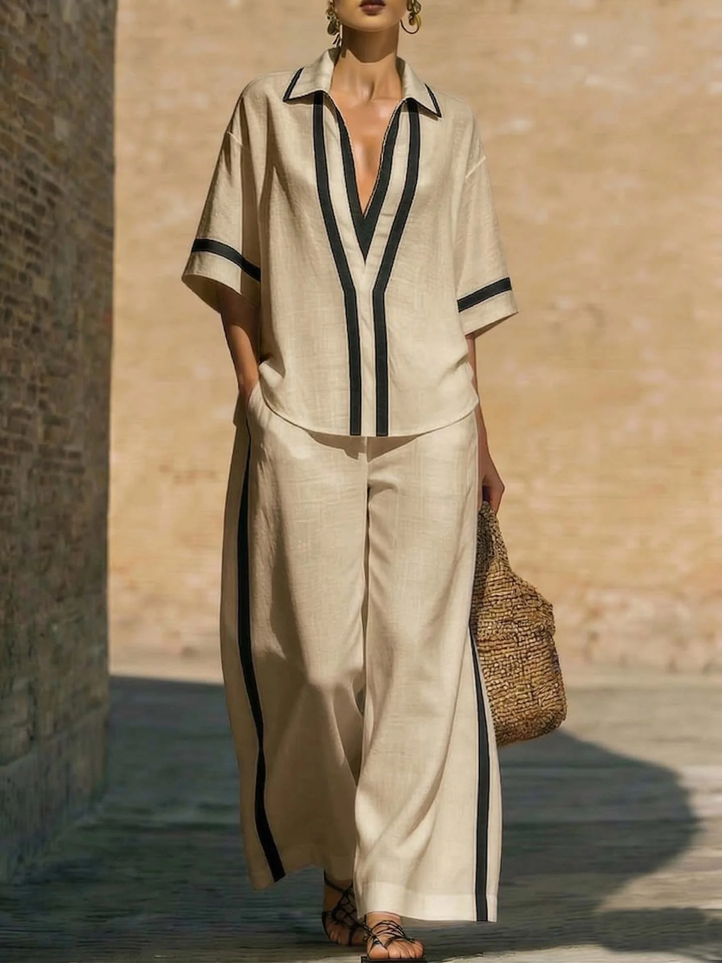 Women’s Color Block Shirt and Wide-Leg Pants Set - Image 6