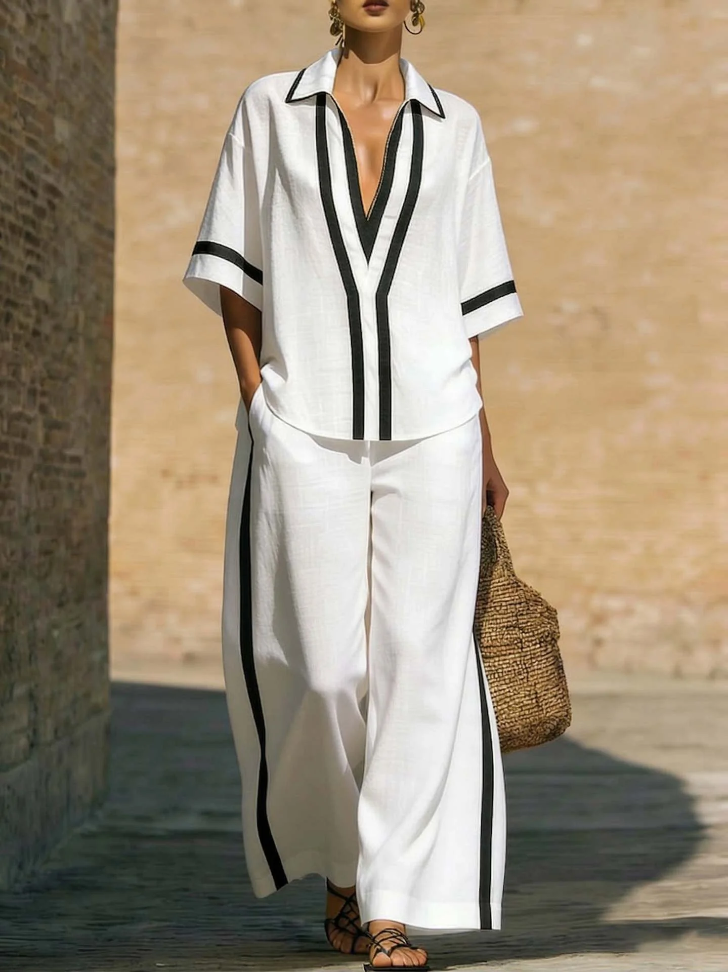 Women’s Color Block Shirt and Wide-Leg Pants Set - Image 9