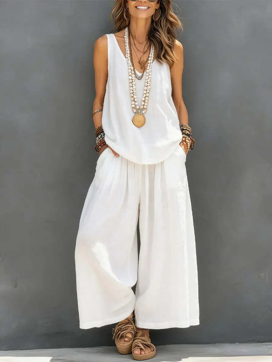 Women’s Cotton Linen Sleeveless Tank Top and Wide-Leg Pants Set - Image 10