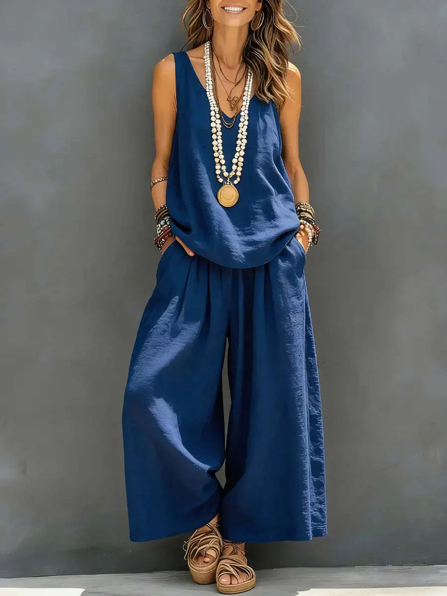Women’s Cotton Linen Sleeveless Tank Top and Wide-Leg Pants Set - Image 6