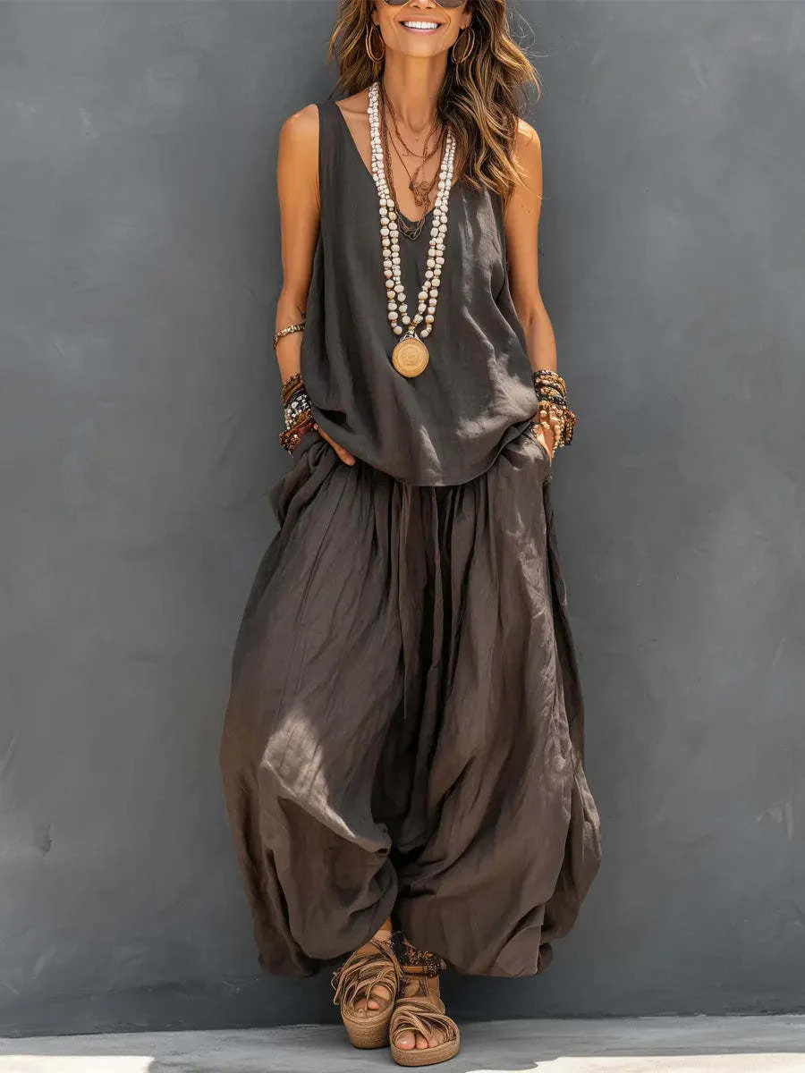 Women’s Cotton Linen Sleeveless Tank Top and Wide-Leg Pants Set - Image 7