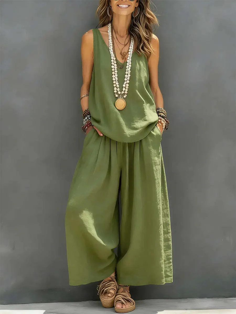 Women’s Cotton Linen Sleeveless Tank Top and Wide-Leg Pants Set - Image 8