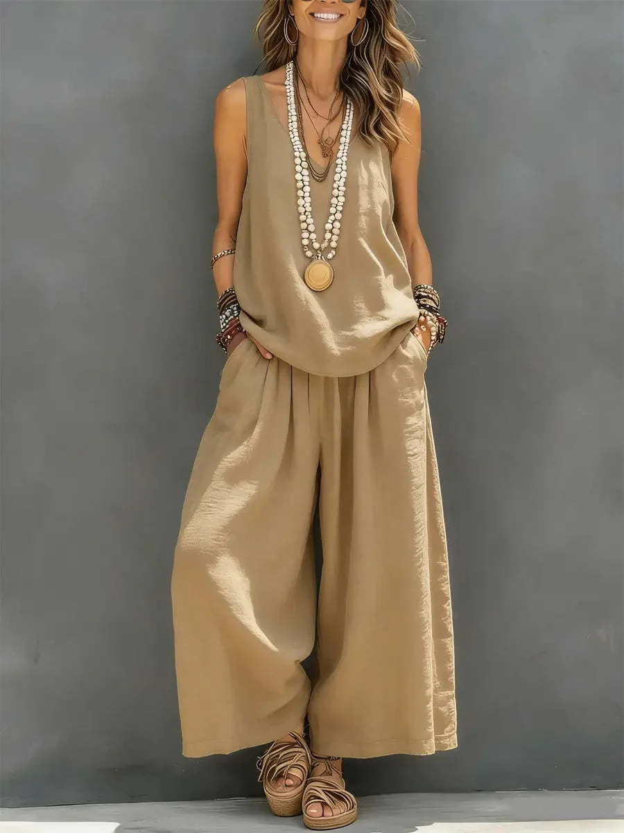 Women’s Cotton Linen Sleeveless Tank Top and Wide-Leg Pants Set - Image 9