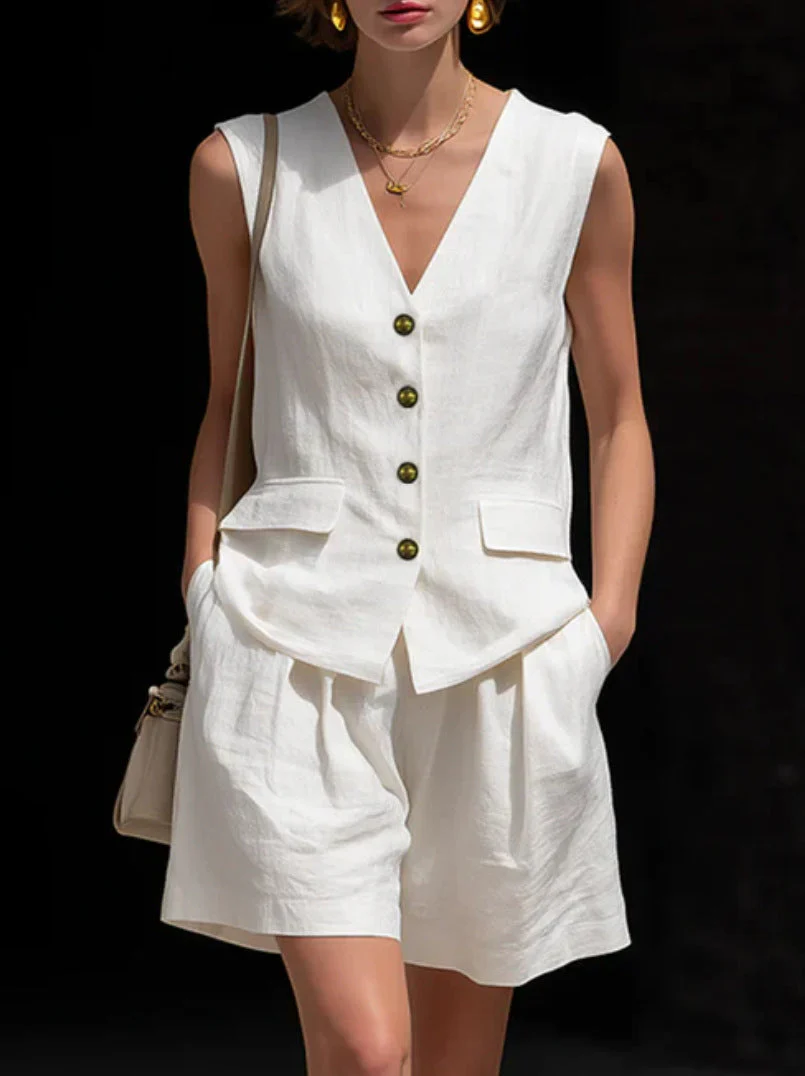 Women’s Cotton Linen Sleeveless Vest Top and Shorts Set - Image 10