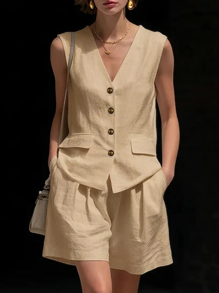 Women’s Cotton Linen Sleeveless Vest Top and Shorts Set - Image 7