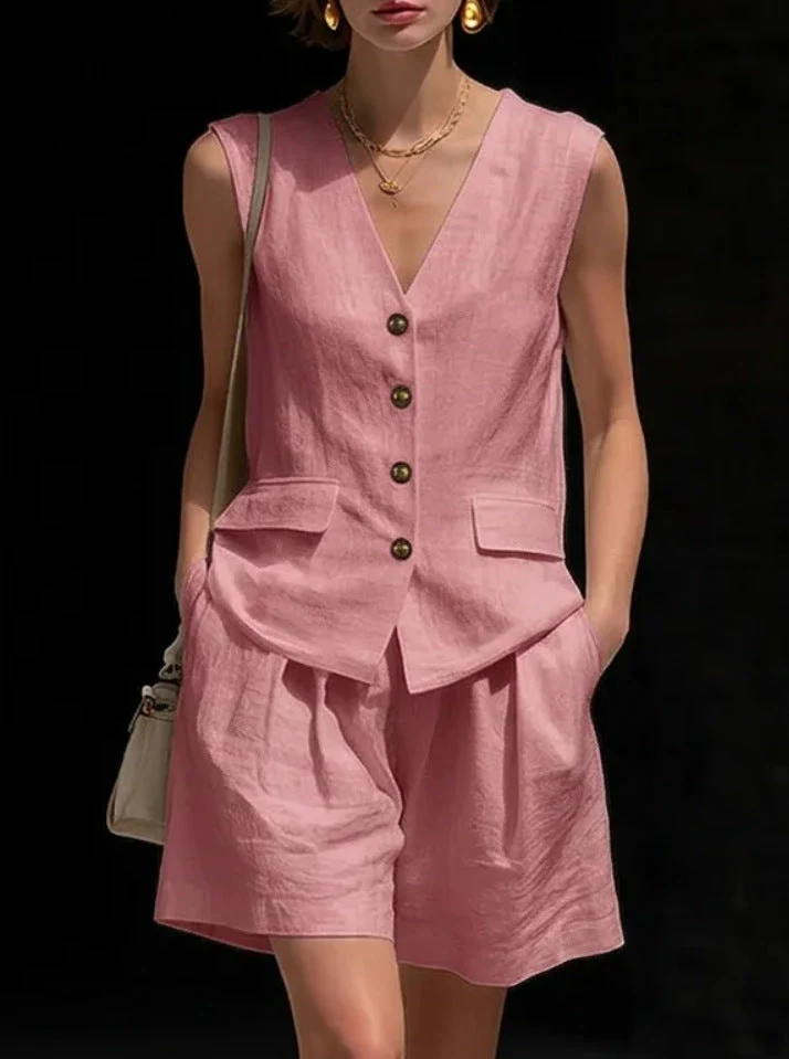 Women’s Cotton Linen Sleeveless Vest Top and Shorts Set - Image 9