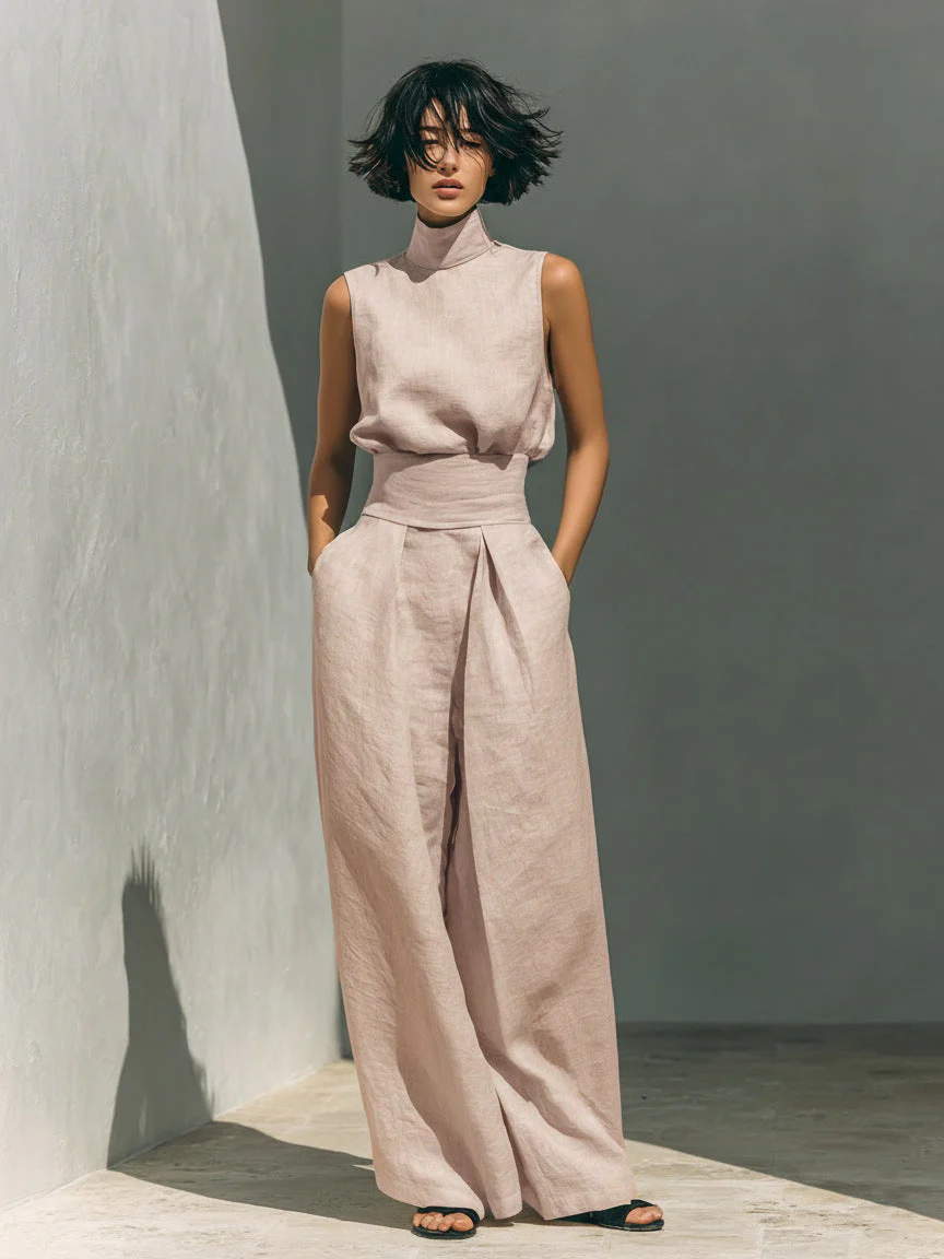 Women’s Cotton Linen Two-Piece Set – Sleeveless Top & Wide-Leg Pants - Image 10