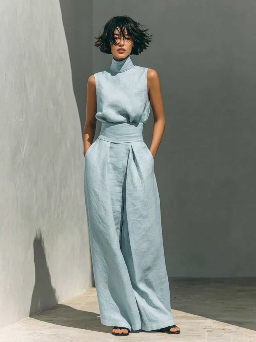 Women’s Cotton Linen Two-Piece Set – Sleeveless Top & Wide-Leg Pants - Image 11