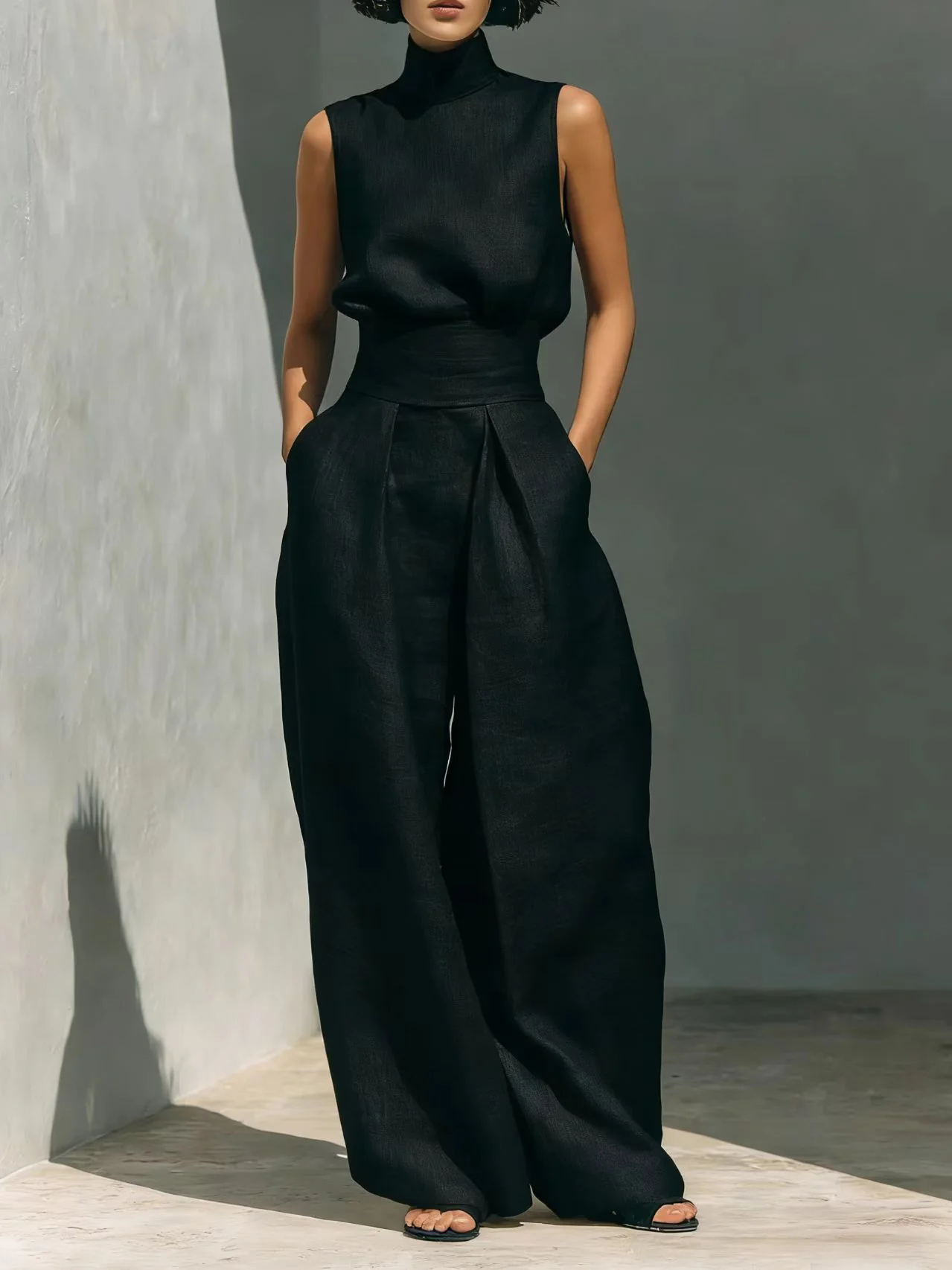 Women’s Cotton Linen Two-Piece Set – Sleeveless Top & Wide-Leg Pants - Image 14