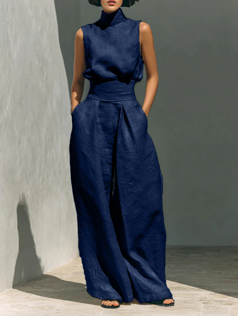 Women’s Cotton Linen Two-Piece Set – Sleeveless Top & Wide-Leg Pants - Image 18