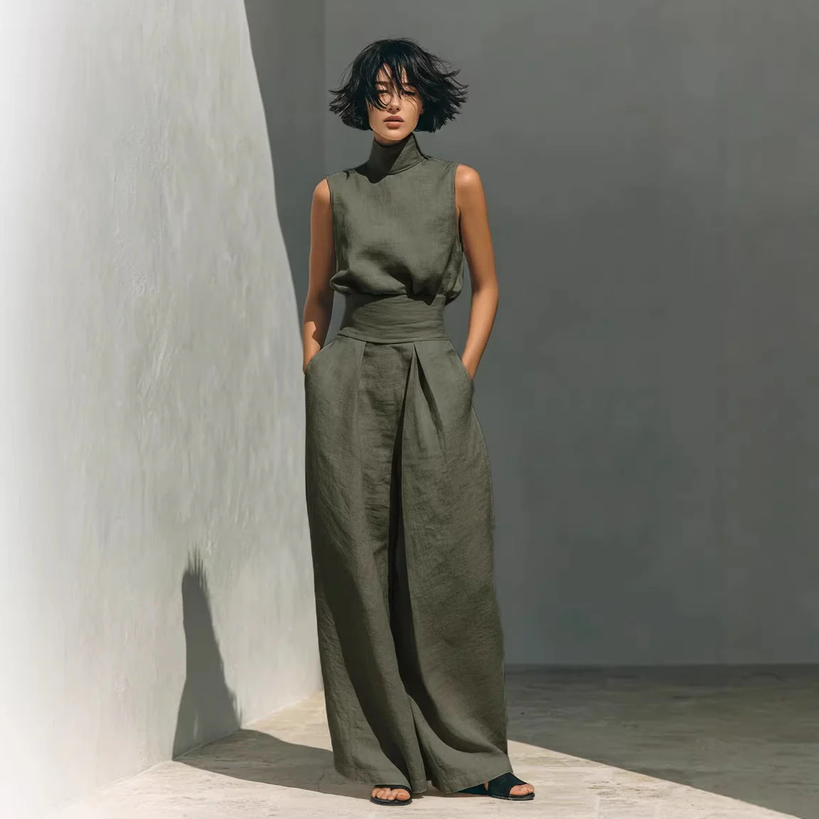 Women’s Cotton Linen Two-Piece Set – Sleeveless Top & Wide-Leg Pants - Image 2