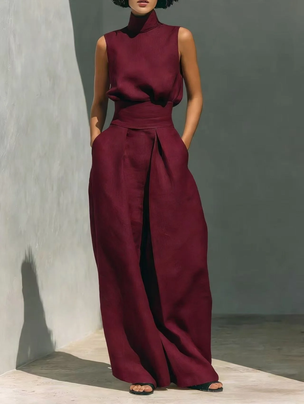 Women’s Cotton Linen Two-Piece Set – Sleeveless Top & Wide-Leg Pants - Image 24