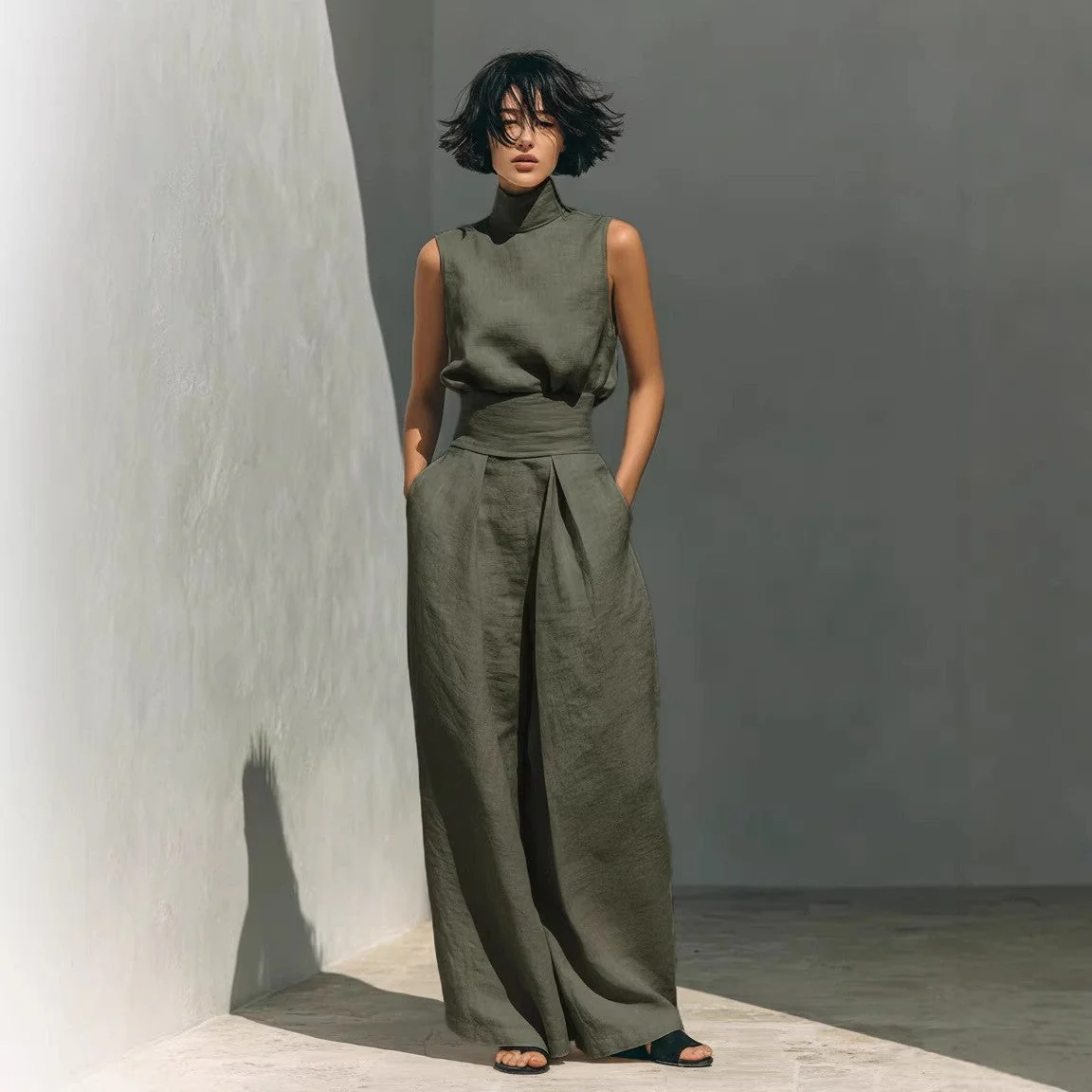 Women’s Cotton Linen Two-Piece Set – Sleeveless Top & Wide-Leg Pants - Image 3