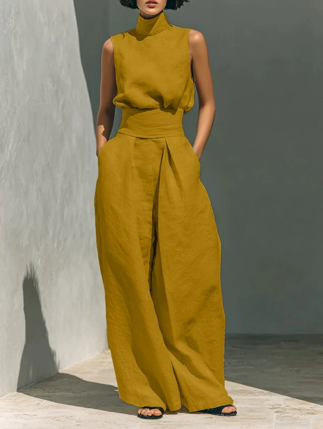 Women’s Cotton Linen Two-Piece Set – Sleeveless Top & Wide-Leg Pants - Image 35
