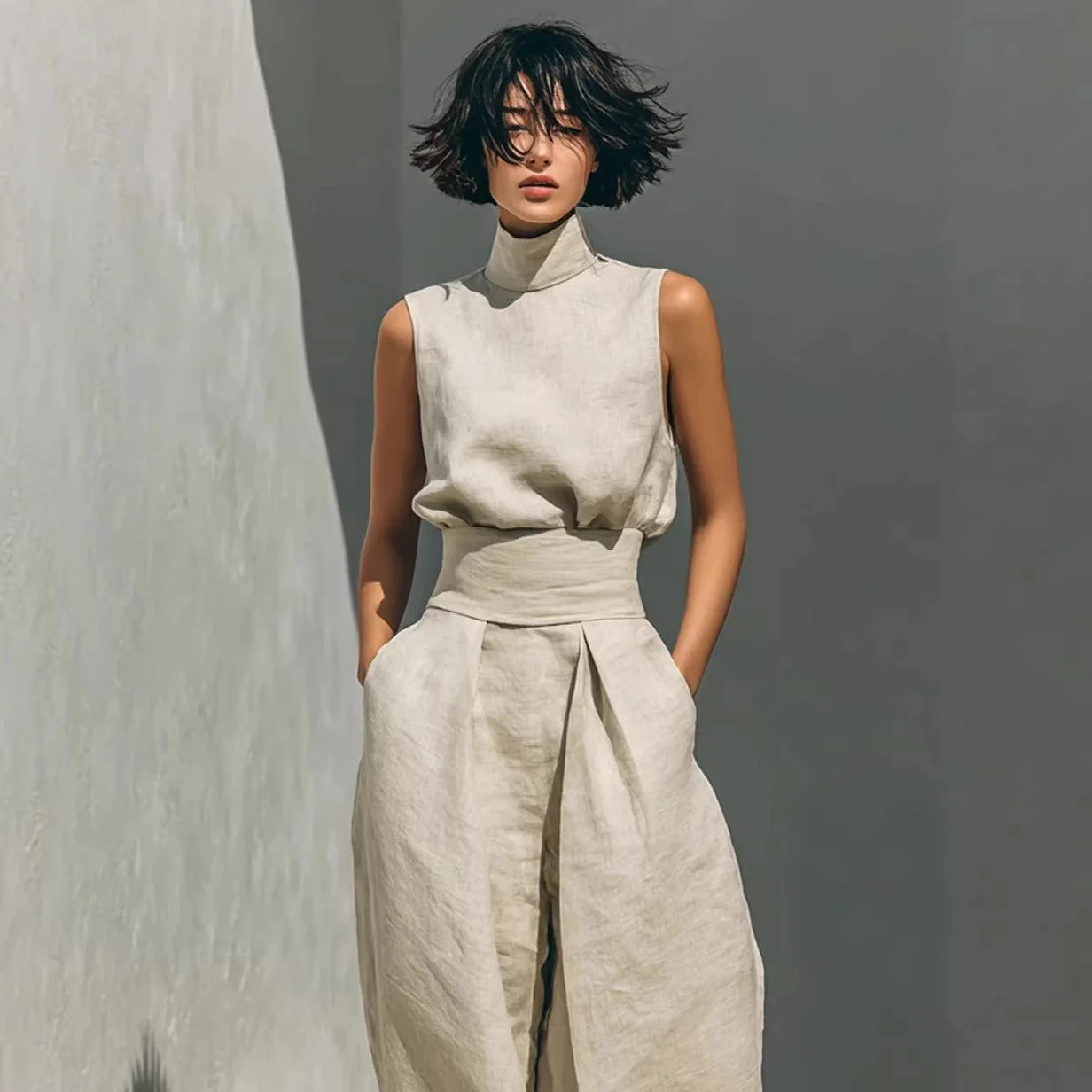 Women’s Cotton Linen Two-Piece Set – Sleeveless Top & Wide-Leg Pants - Image 7