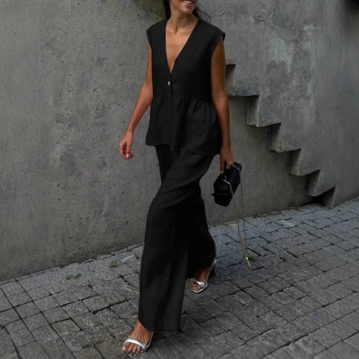 Women’s Cotton V-Neck Sleeveless Vest and Wide-Leg Pants Set