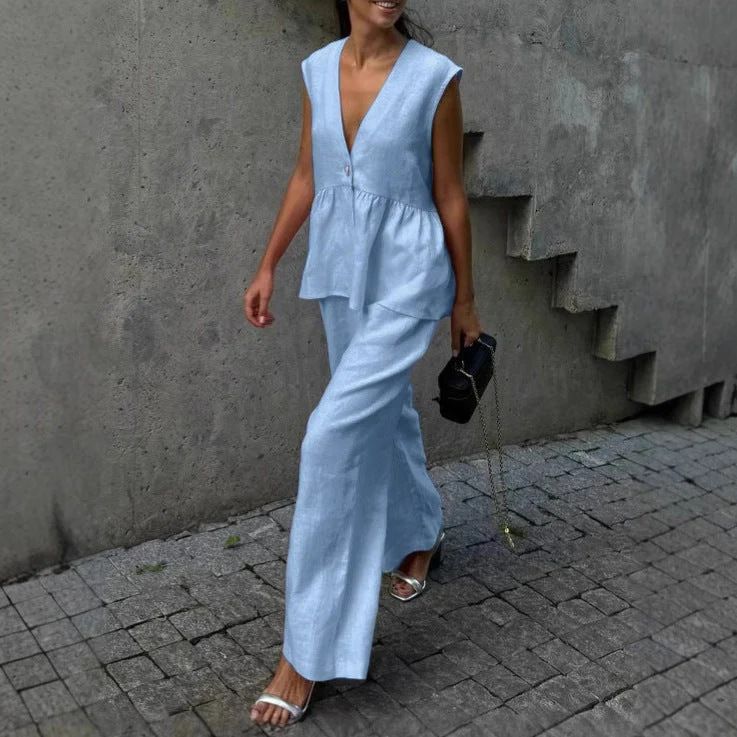 Women’s Cotton V-Neck Sleeveless Vest and Wide-Leg Pants Set - Image 3