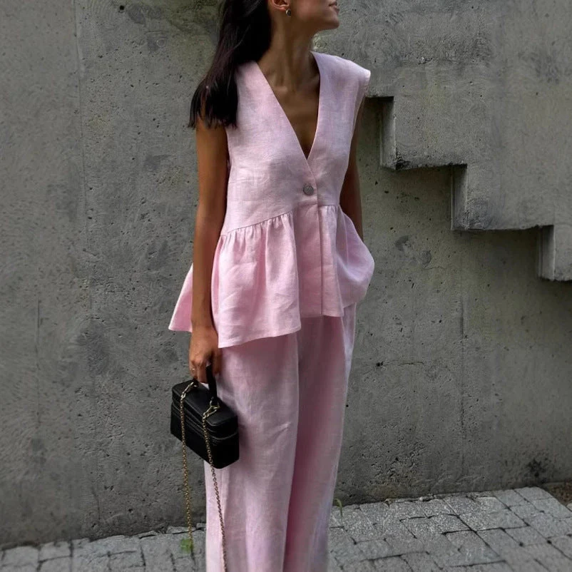 Women’s Cotton V-Neck Sleeveless Vest and Wide-Leg Pants Set - Image 4
