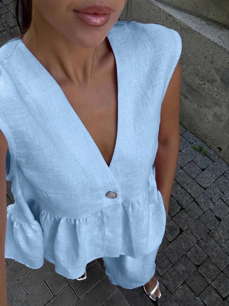 Women’s Cotton V-Neck Sleeveless Vest and Wide-Leg Pants Set - Image 7
