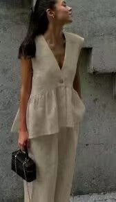 Women’s Cotton V-Neck Sleeveless Vest and Wide-Leg Pants Set - Image 9