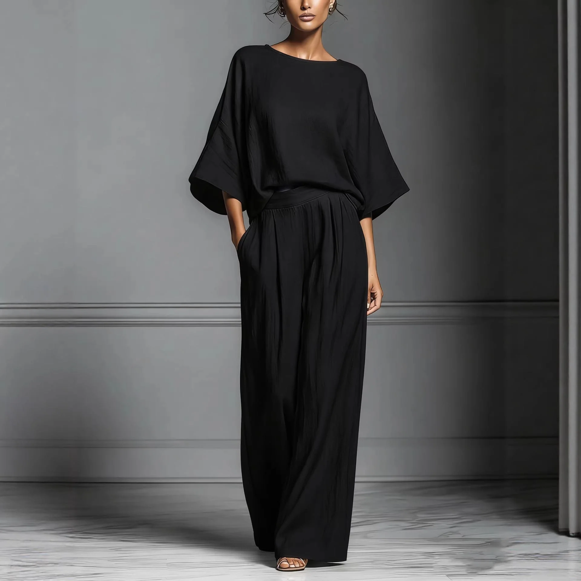 Women’s Flared-Sleeve Linen Suit Two Piece Set - Image 3
