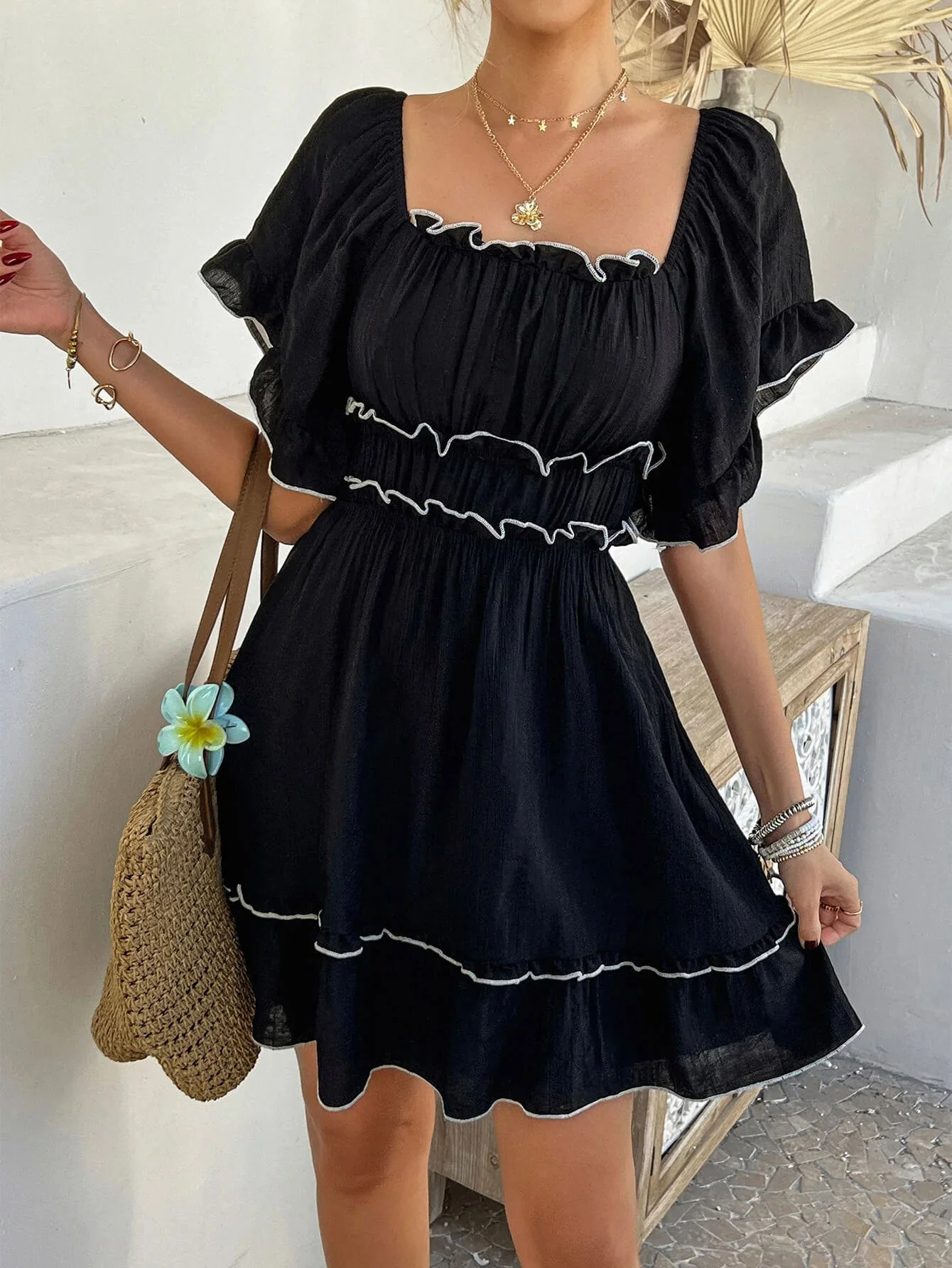 Women’s French Style Square Neck Dress – Ruffled Short Sleeve Elegance - Image 6