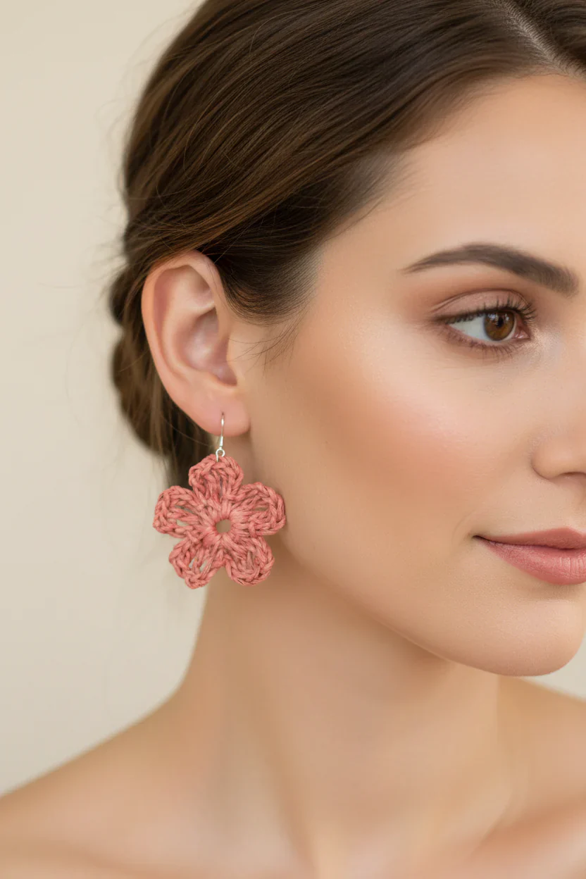 Women’s Handmade Raffia Flower Earrings – Crochet Boho Dangle Design - Image 2