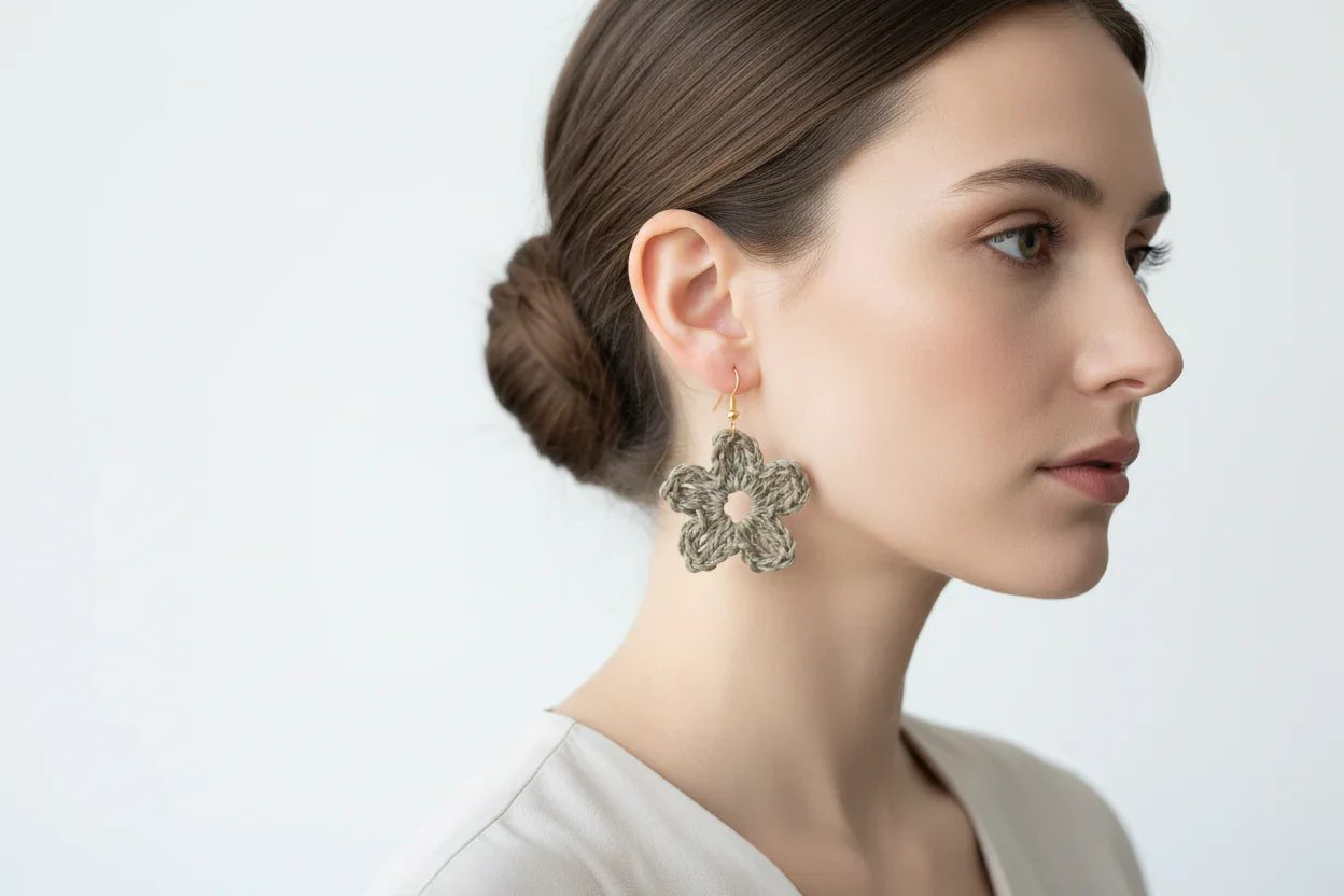 Women’s Handmade Raffia Flower Earrings – Crochet Boho Dangle Design - Image 4