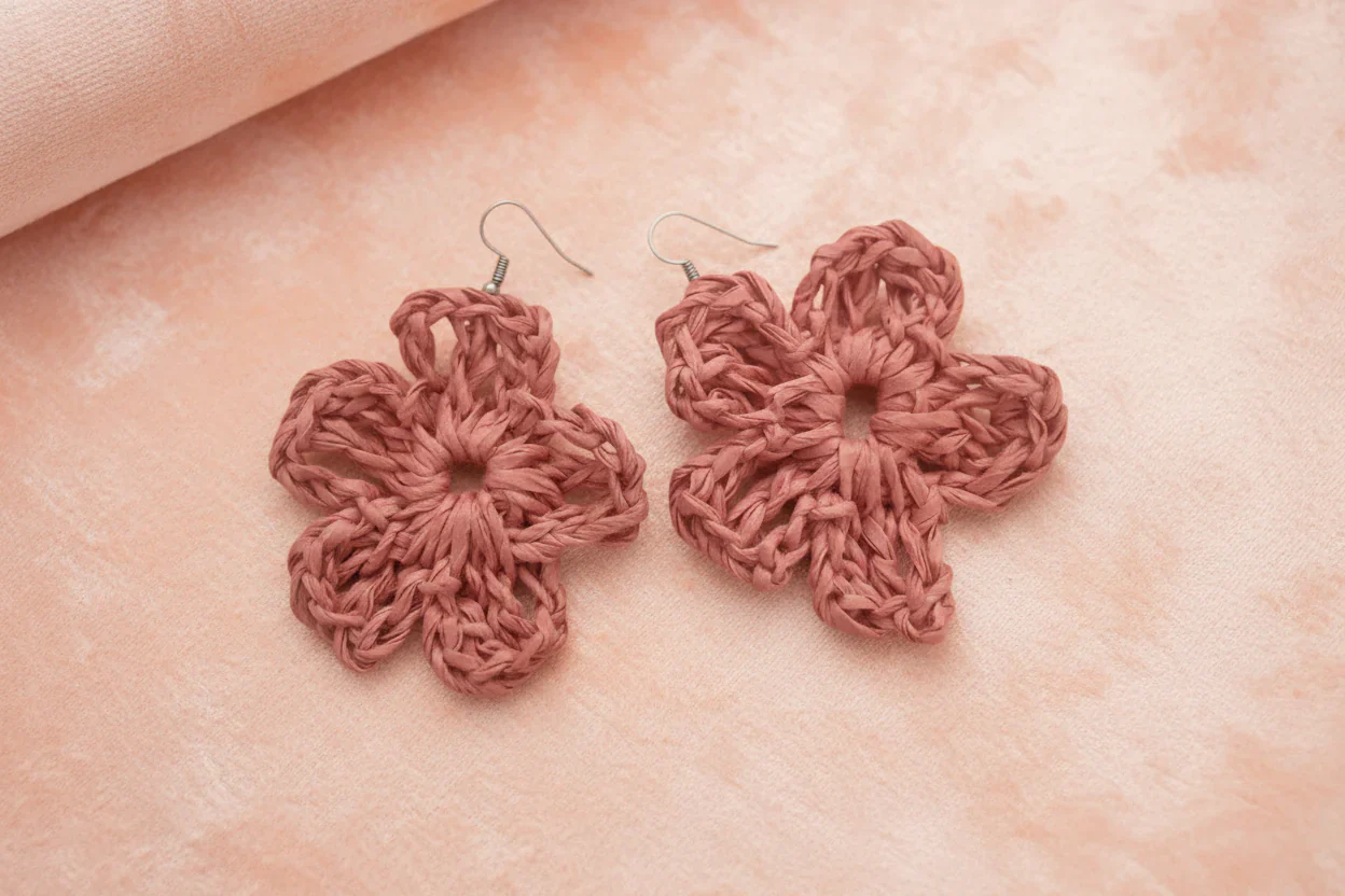 Women’s Handmade Raffia Flower Earrings – Crochet Boho Dangle Design - Image 8
