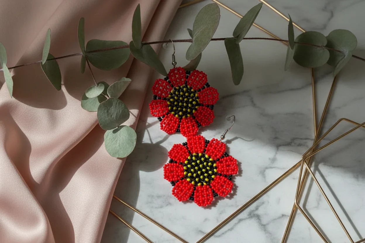 Women’s Handmade Seed Bead Flower Earrings – Boho Floral Design - Image 2