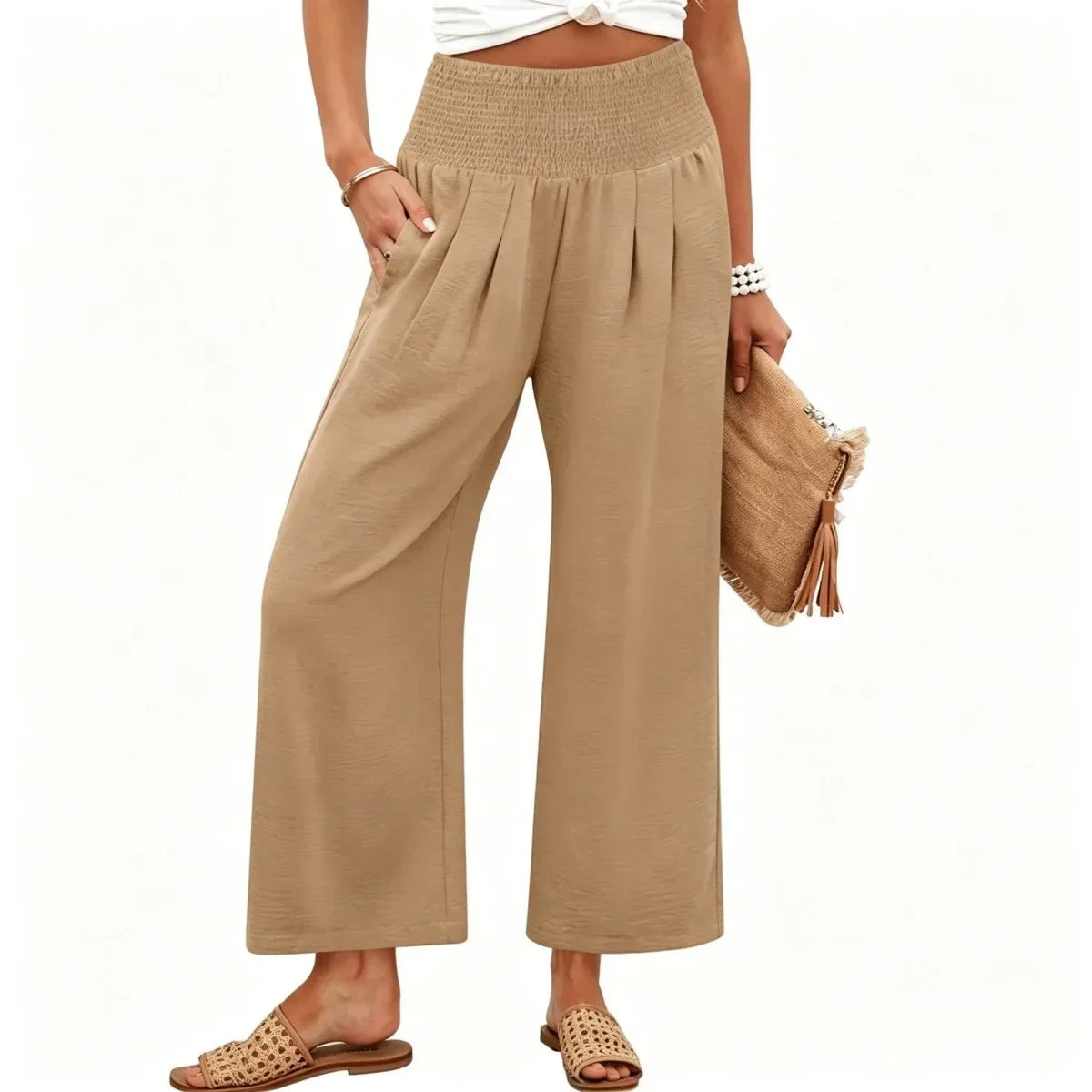 Women’s High-Waisted Smocked Wide-Leg Pants - Image 2