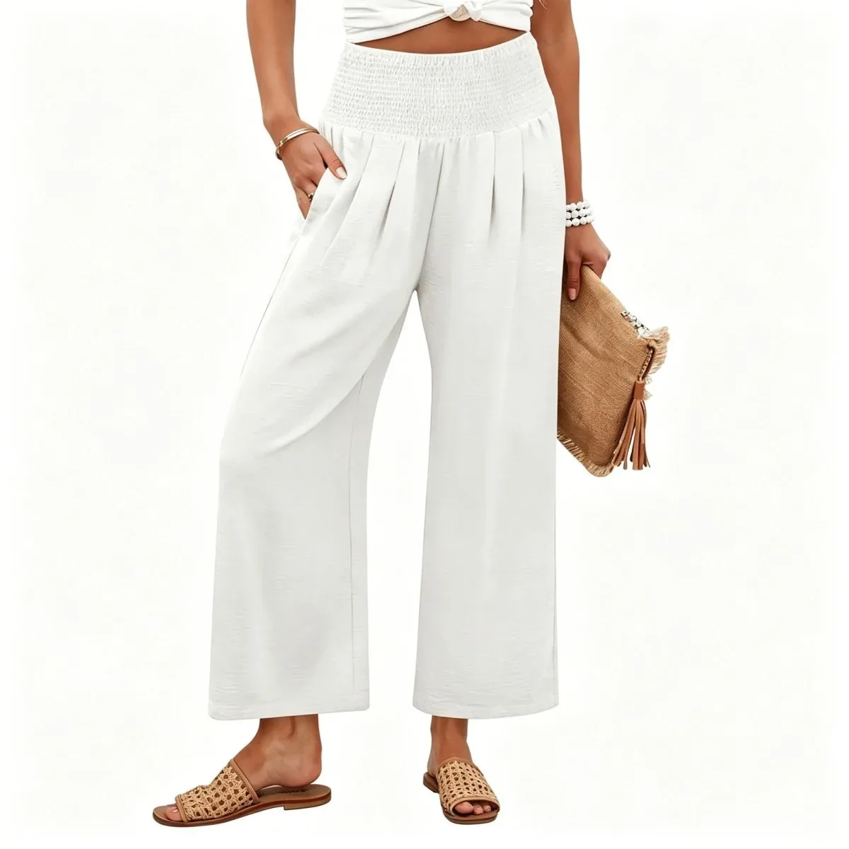 Women’s High-Waisted Smocked Wide-Leg Pants - Image 4