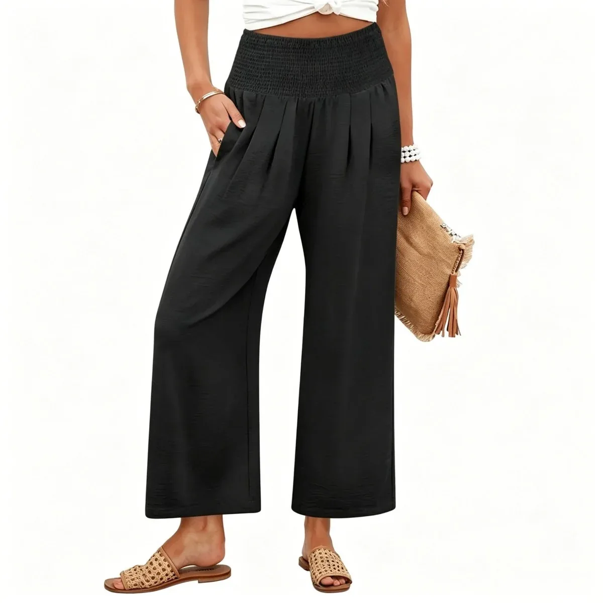 Women’s High-Waisted Smocked Wide-Leg Pants - Image 6
