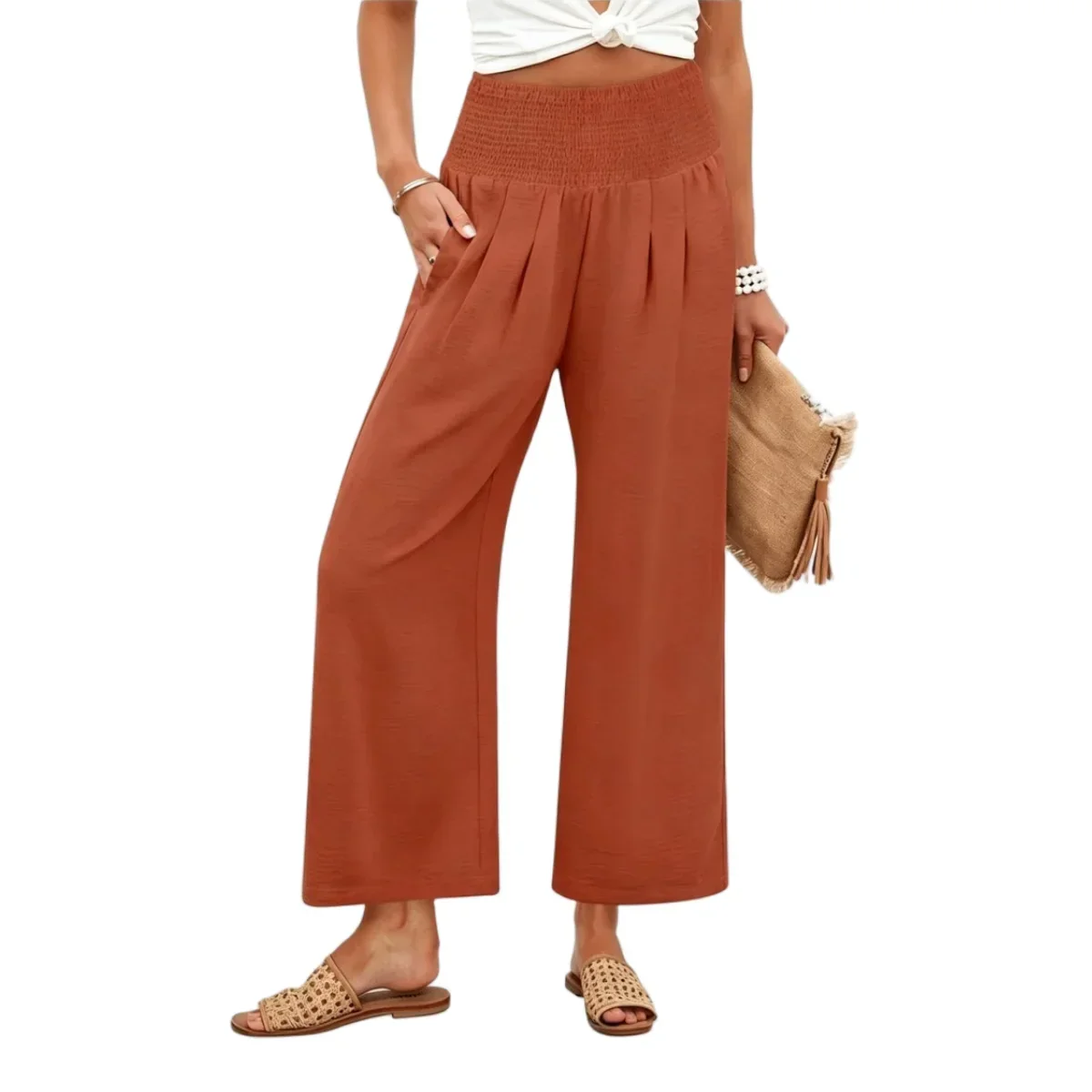 Women’s High-Waisted Smocked Wide-Leg Pants - Image 7