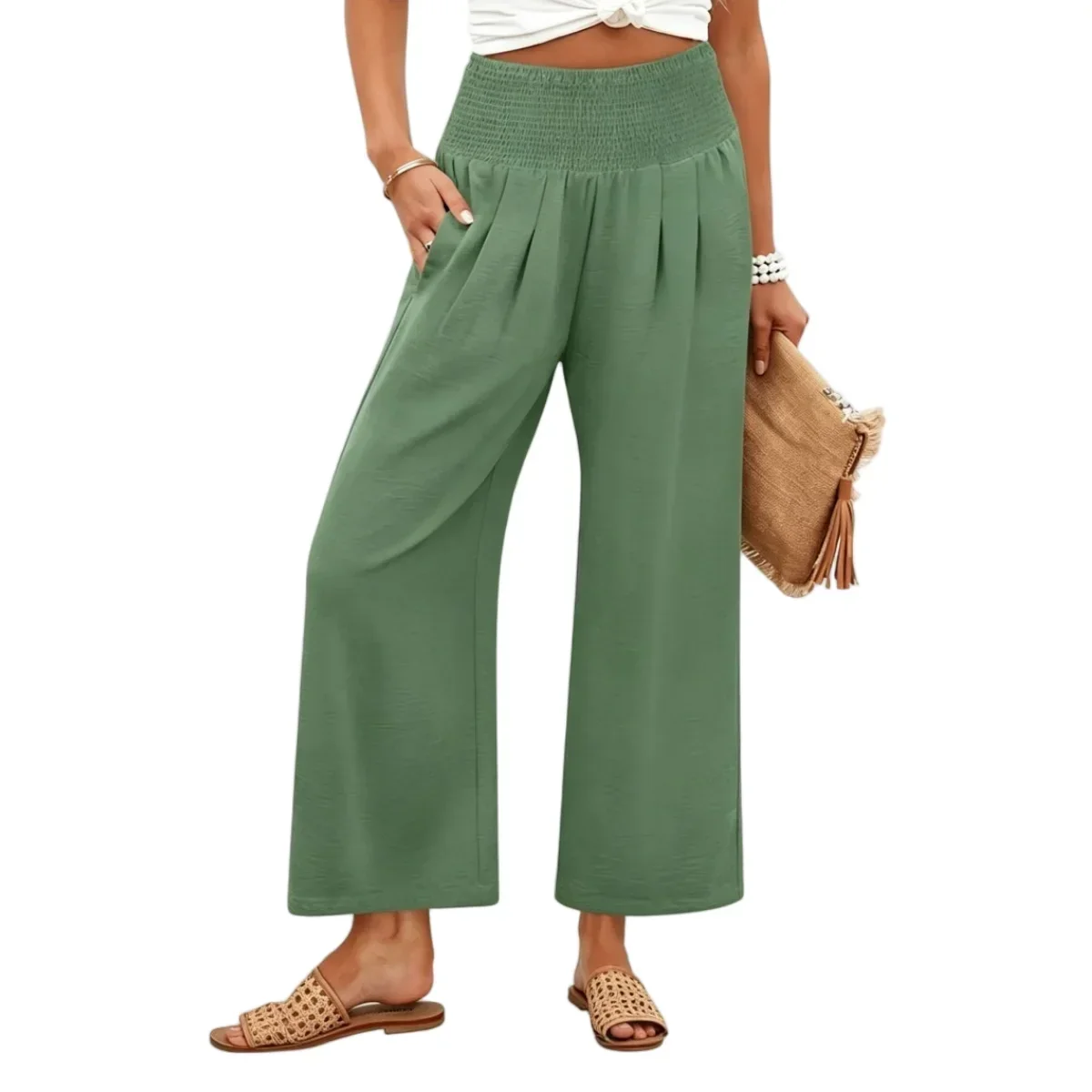 Women’s High-Waisted Smocked Wide-Leg Pants - Image 8