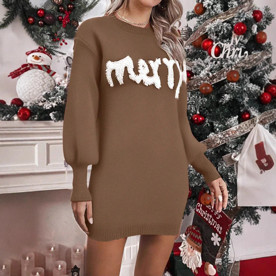 Women’s Knitted Round Neck Lantern-Sleeve Pullover Sheath - Image 3