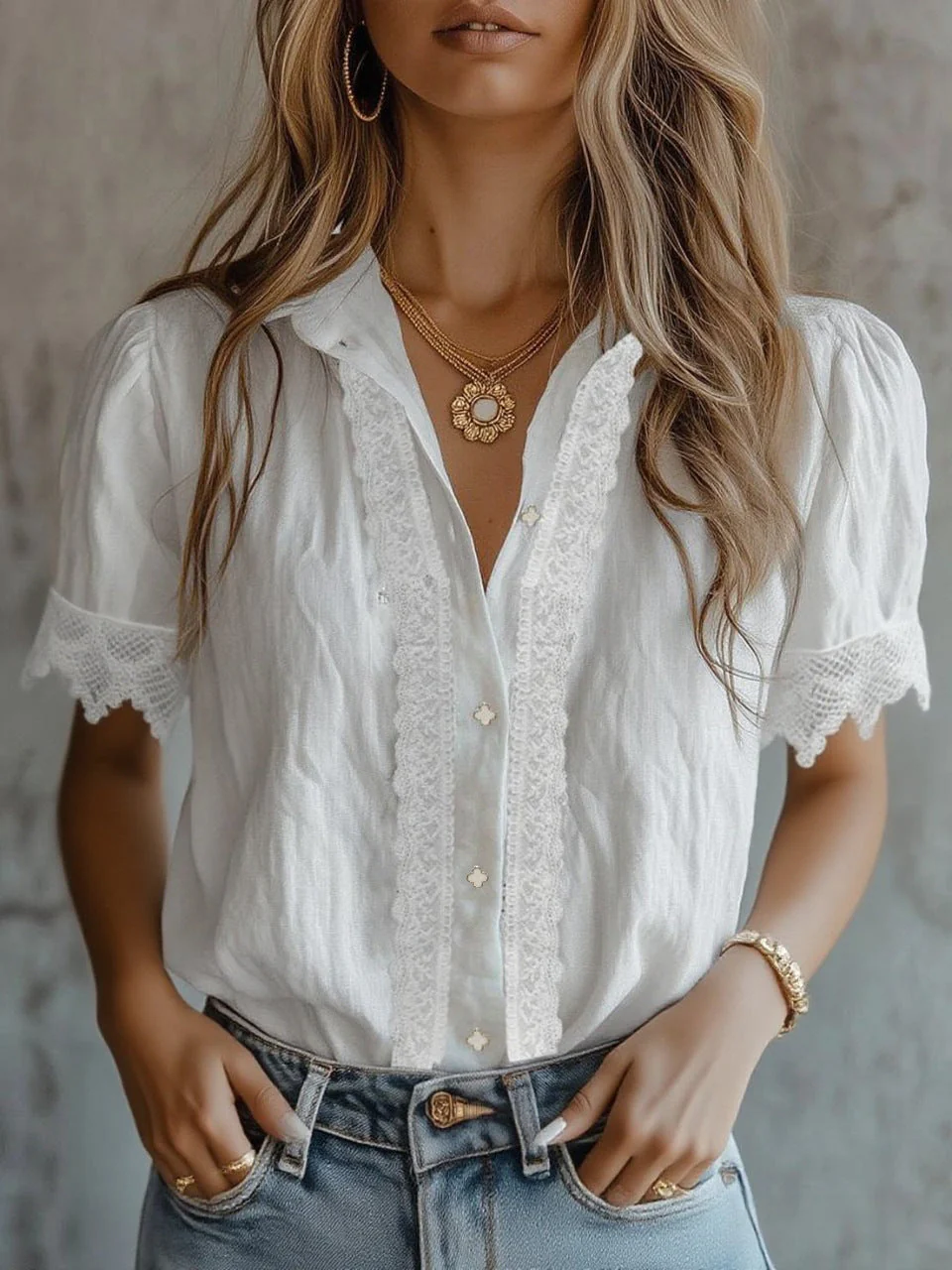 Women’s Lace Puff Sleeve Loose Fit Top - Image 6