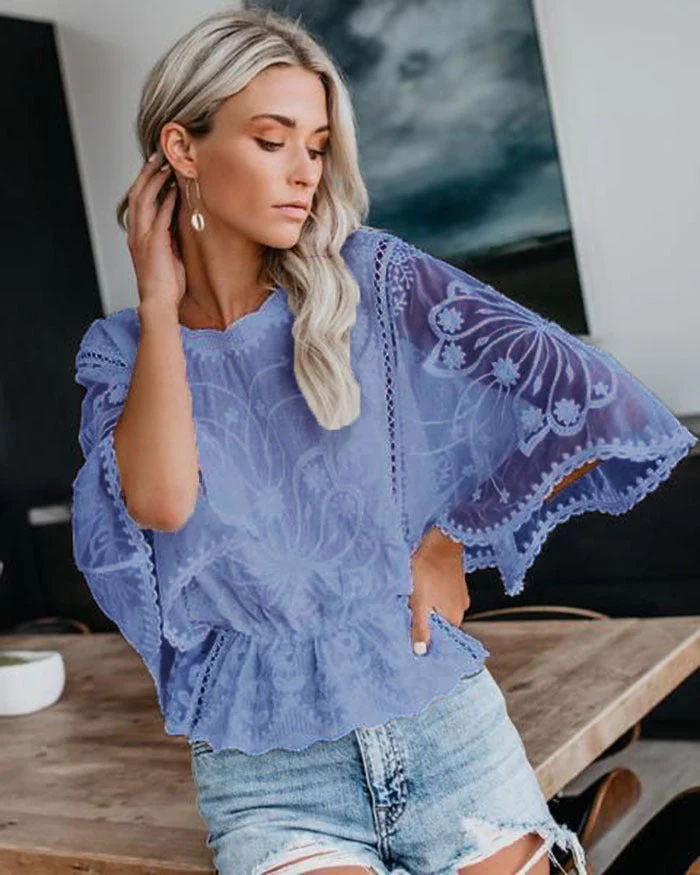 Women’s Lace Trim Top Short Sleeve Batwing Shirt - Image 5