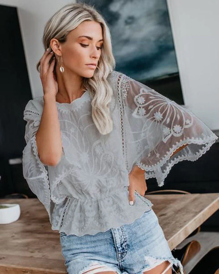 Women’s Lace Trim Top Short Sleeve Batwing Shirt - Image 6