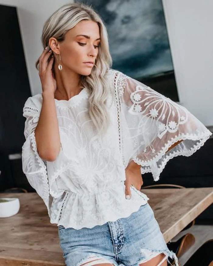 Women’s Lace Trim Top Short Sleeve Batwing Shirt - Image 9