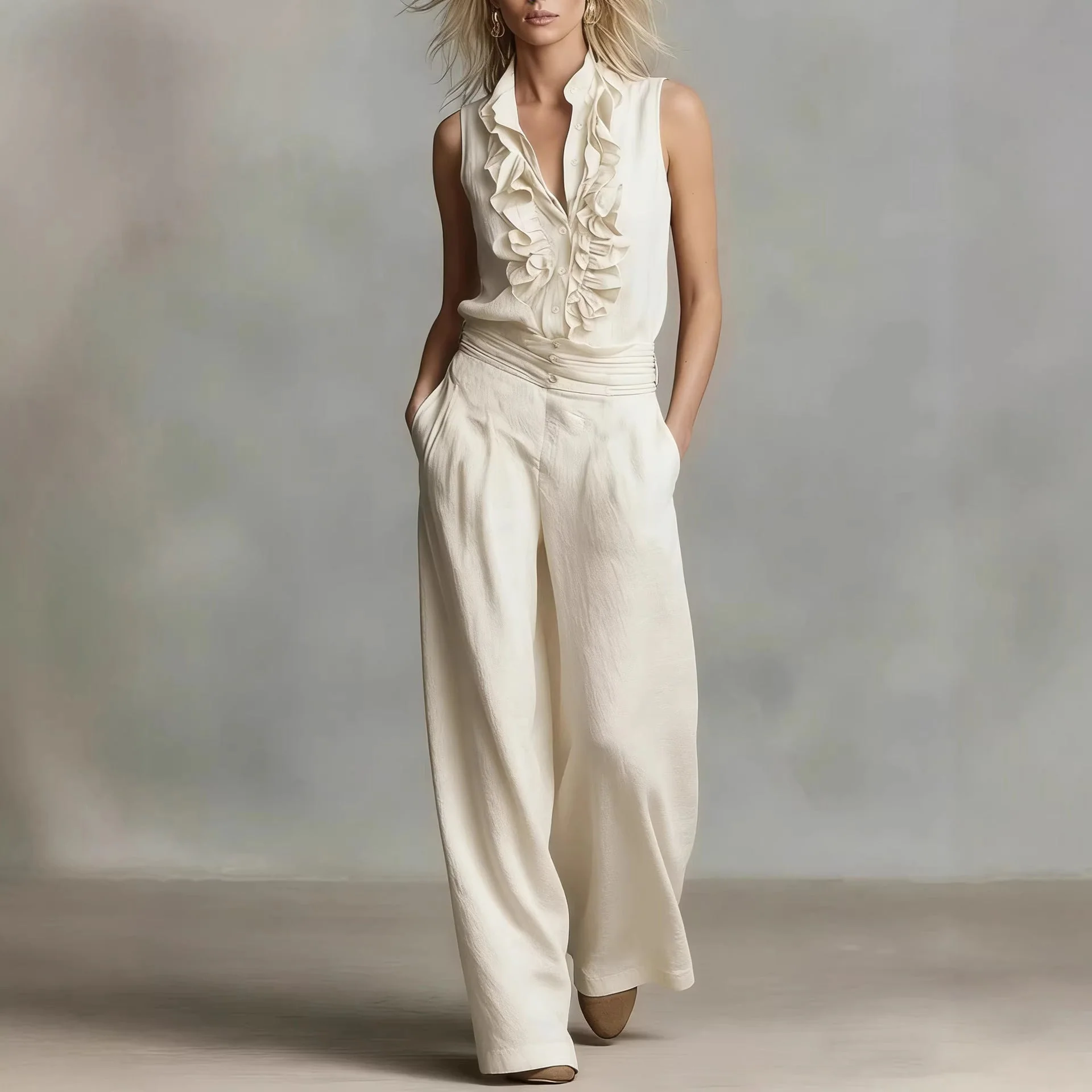 Women’s Linen Blend Two-Piece Set – Sleeveless Shirt & Wide-Leg Pants - Image 4