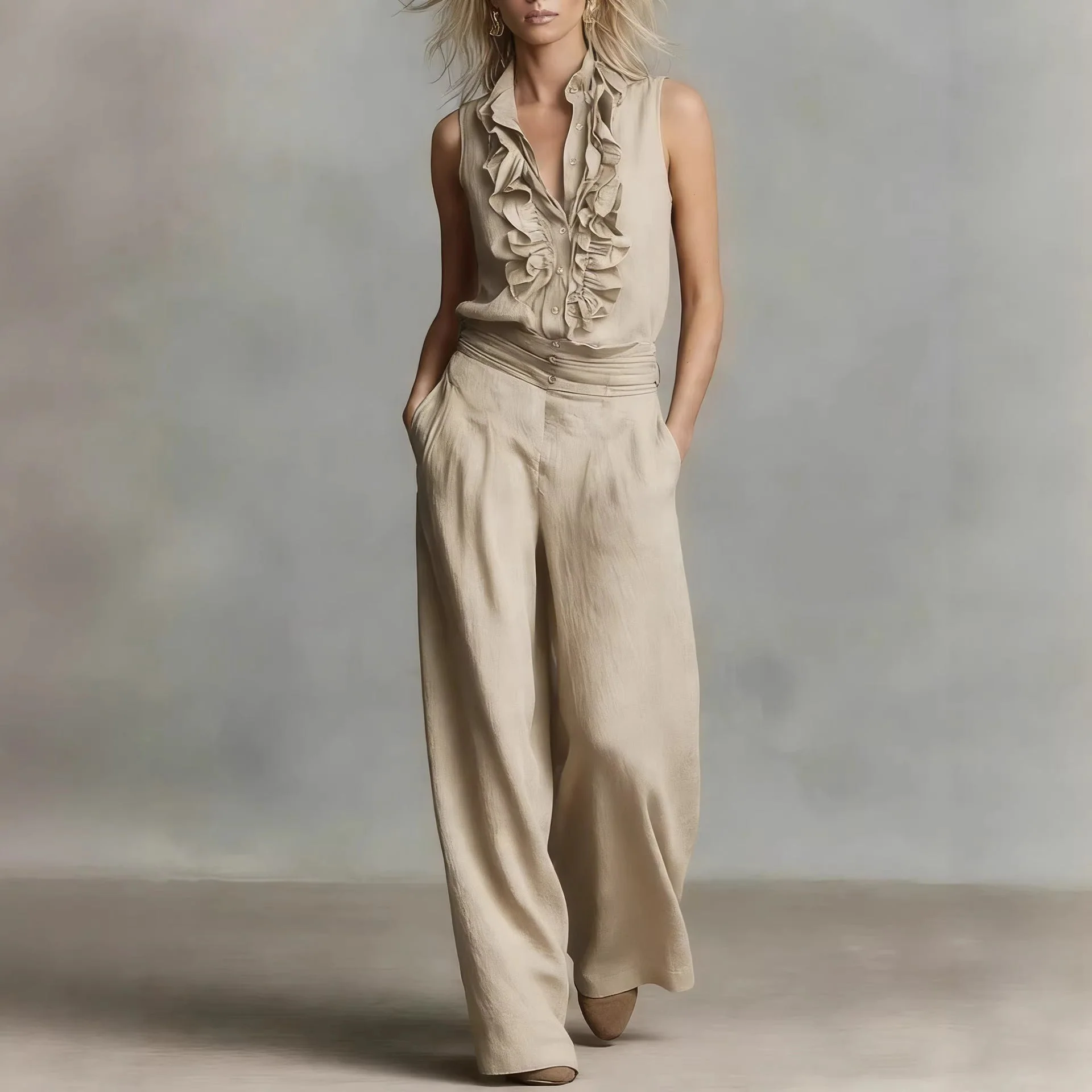 Women’s Linen Blend Two-Piece Set – Sleeveless Shirt & Wide-Leg Pants - Image 7