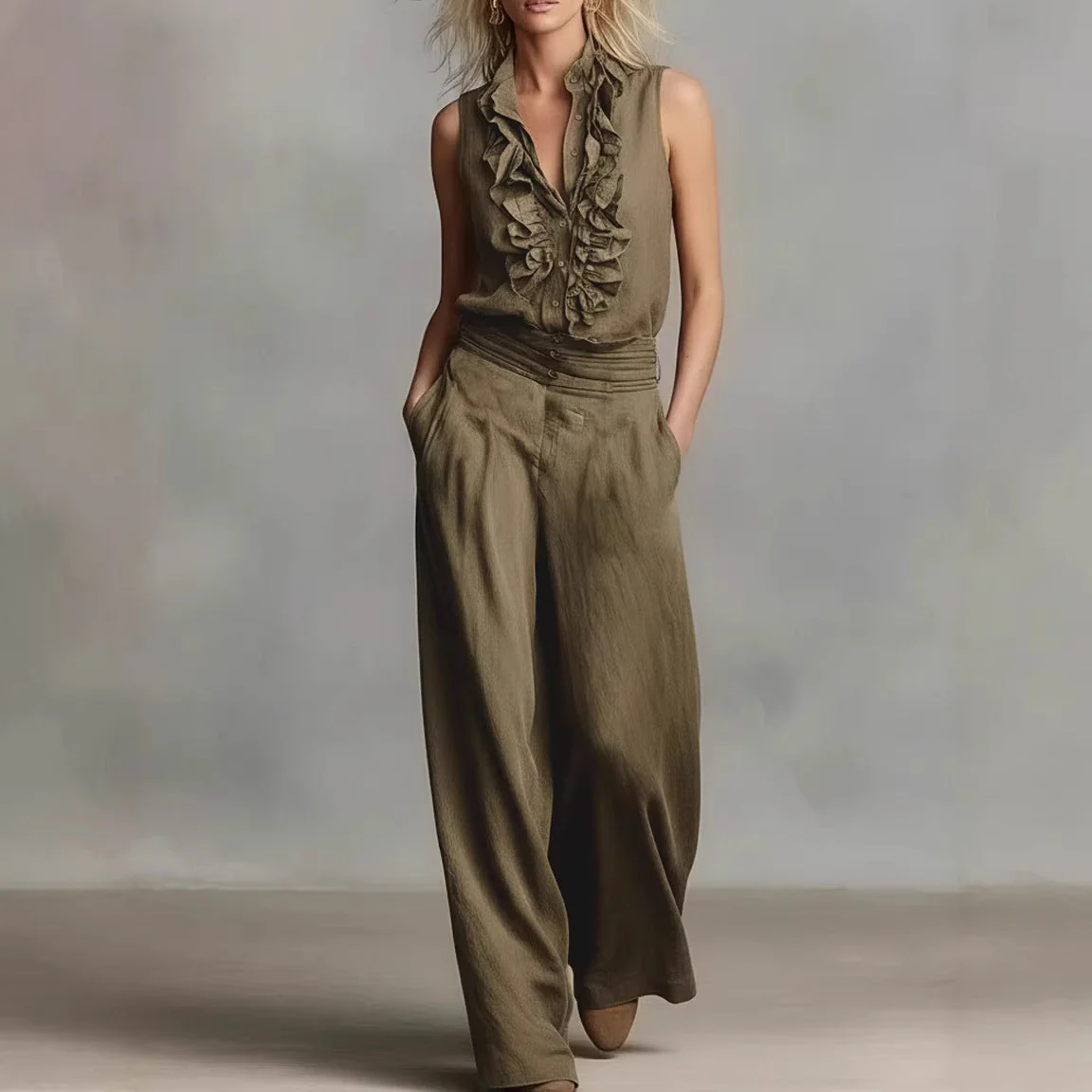 Women’s Linen Blend Two-Piece Set – Sleeveless Shirt & Wide-Leg Pants - Image 8