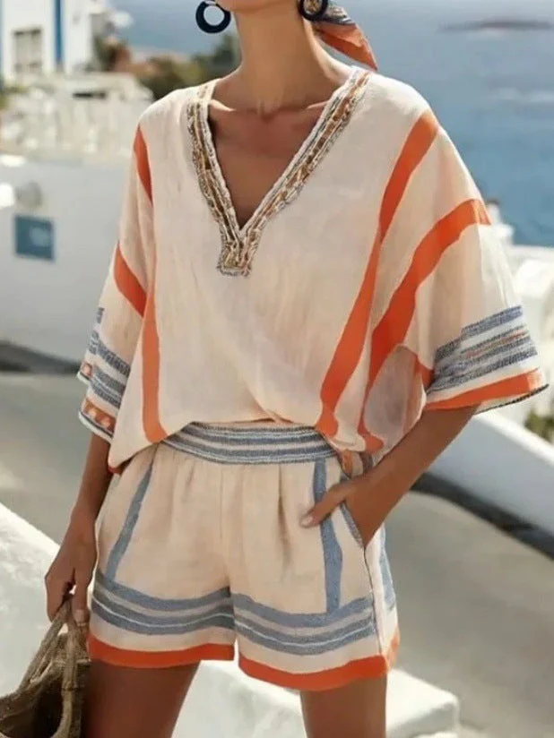 Women’s Linen Striped V Neck Top and Shorts Set - Image 6
